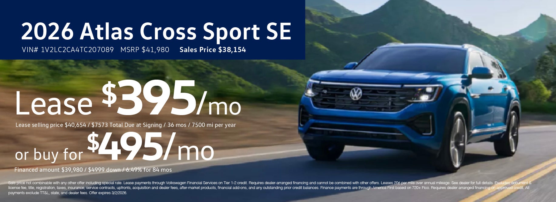 Lease the '26 Atlas Cross for $395/mo at VW SouthTowne