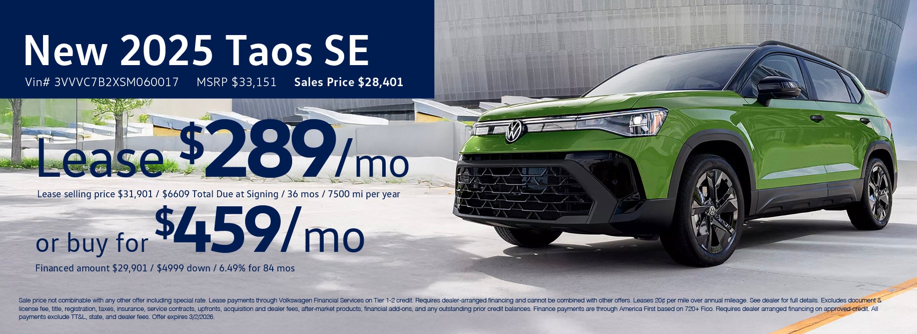 Lease the '25 Taos for $289/mo at VW SouthTowne