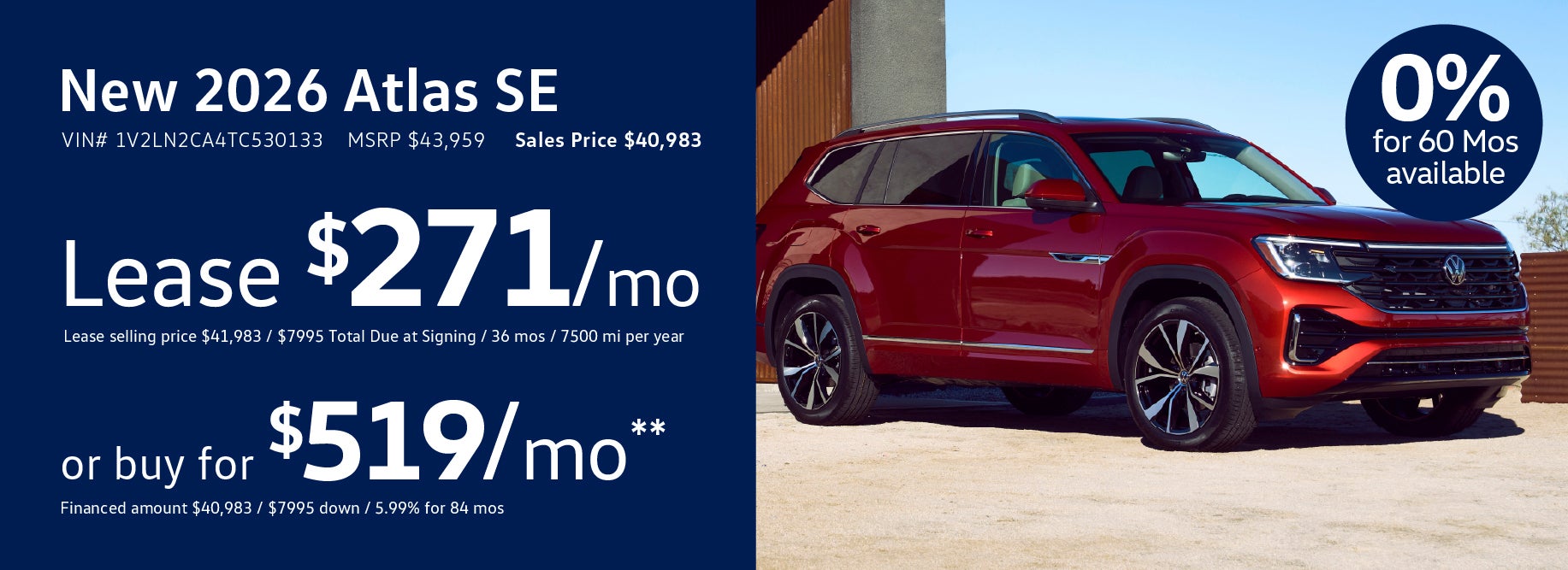 Get 0% or $271 lease on 2026 Atlas at VW SouthTowne