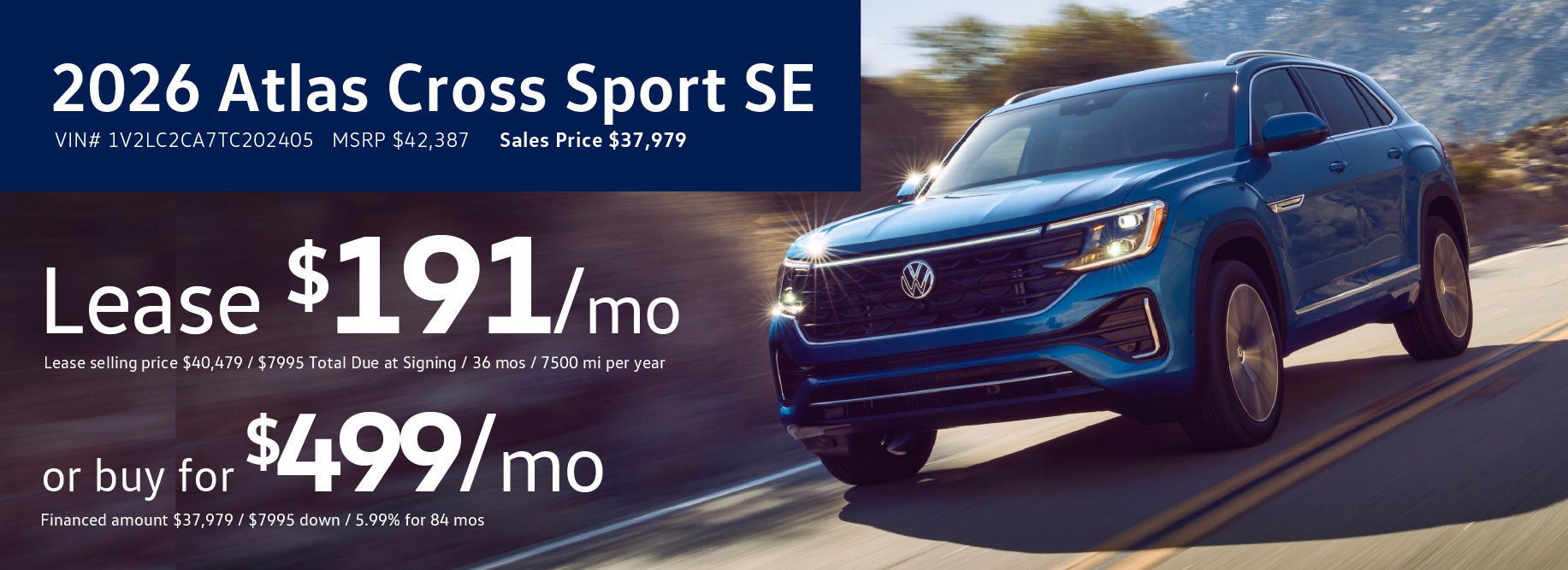 Lease the '26 Atlas Cross for $191/mo at VW SouthTowne