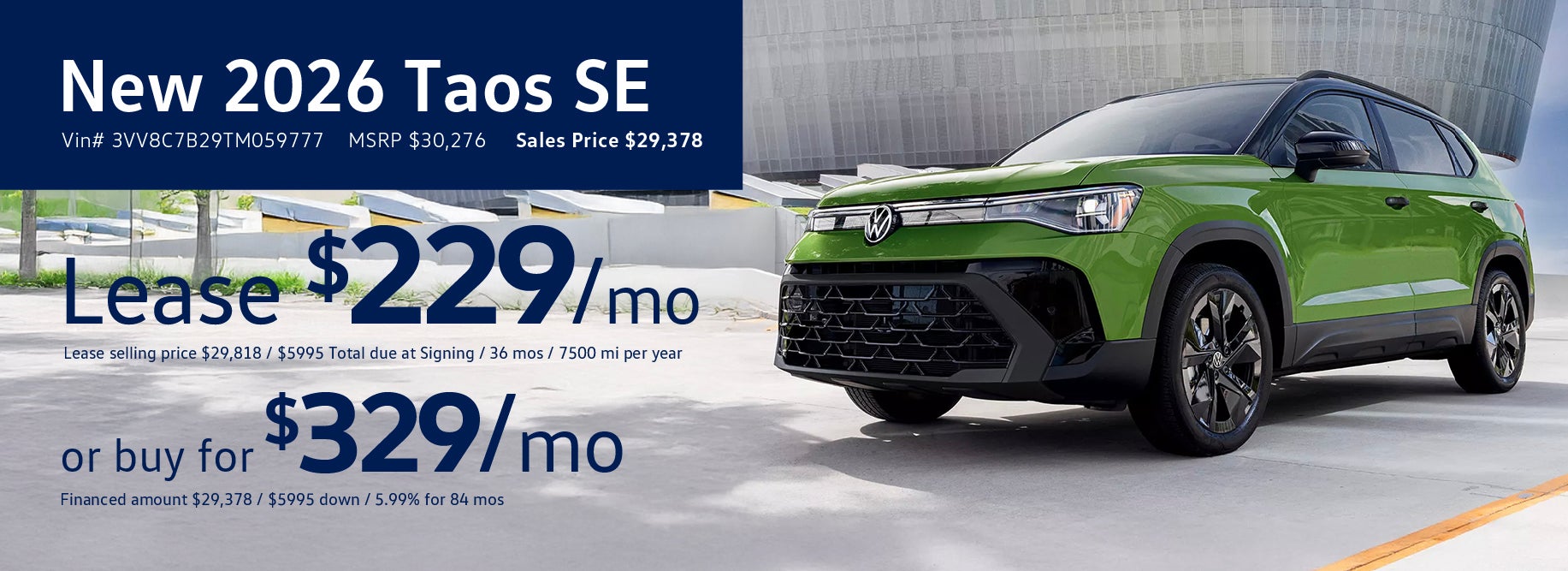 Lease the '25 Taos for $229/mo at VW SouthTowne
