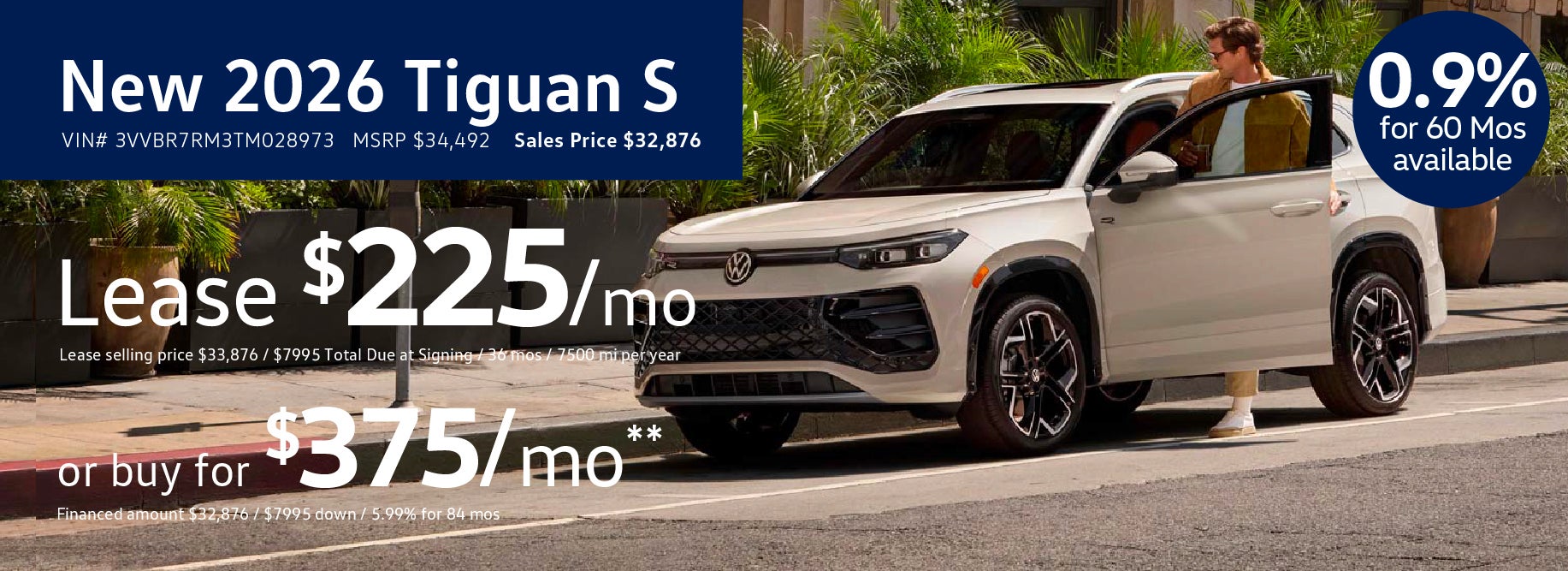 Get 0.9 or $225/mo lease on '26 Tiguan at VW SouthTowne