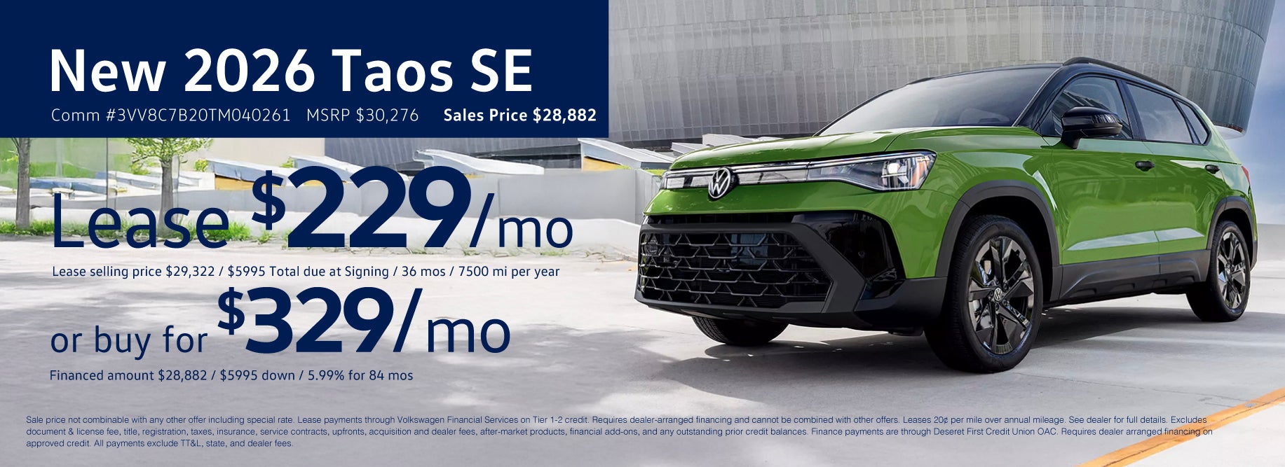 Lease the '25 Taos for $229/mo at VW SouthTowne