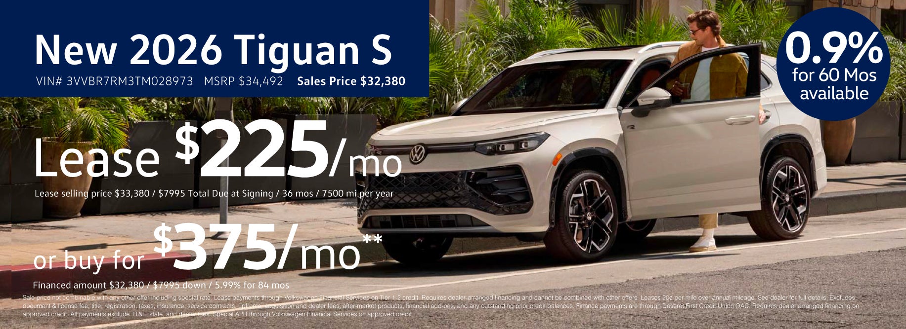 Get 0.9 or $225/mo lease on '26 Tiguan at VW SouthTowne